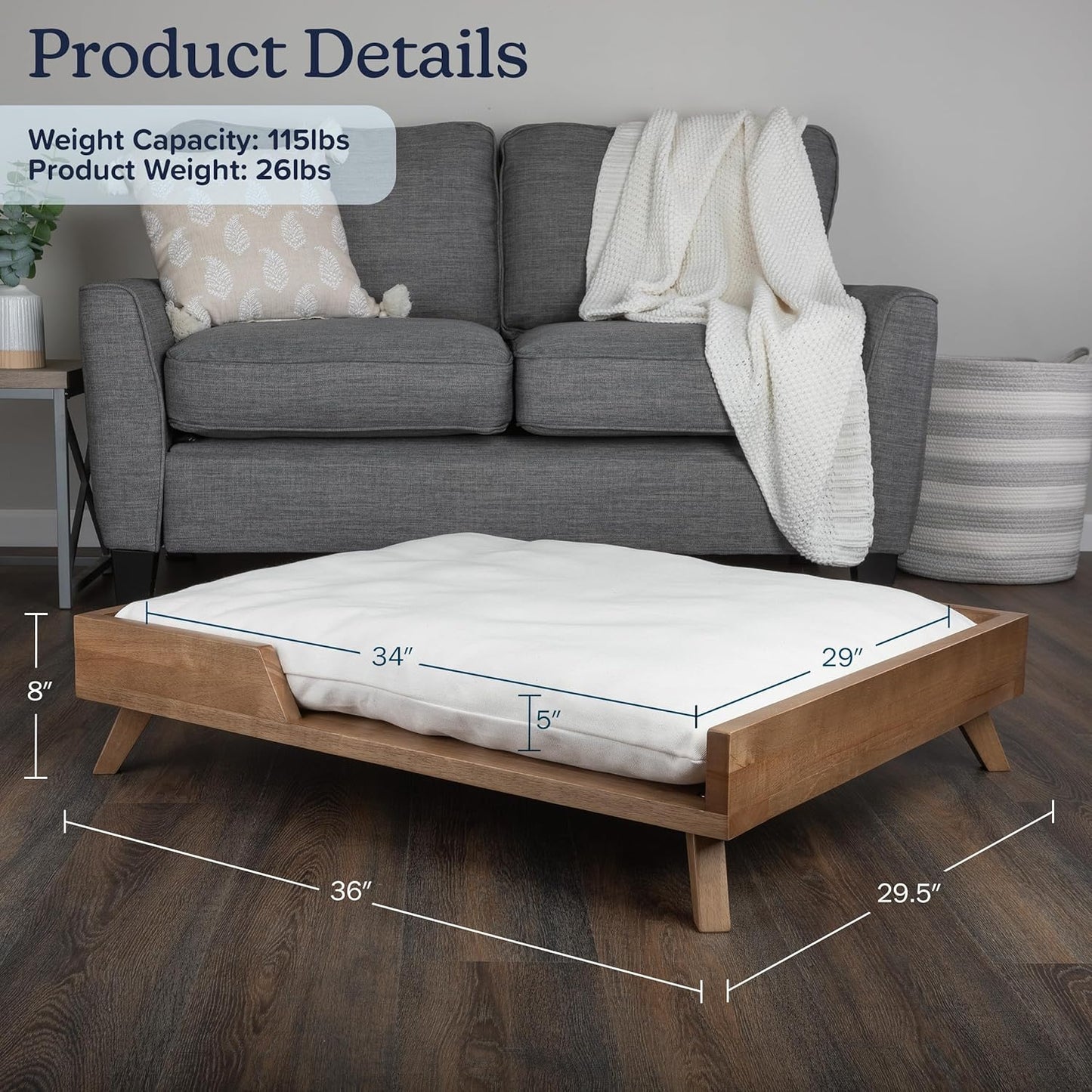 Elevated Dog Bed - 36” X 29.5” Indoor Pet Bed with Frame and Soft Cushion - Mid-Century Modern Wood Dog Bed for Medium to Large Pets by  (Natural)