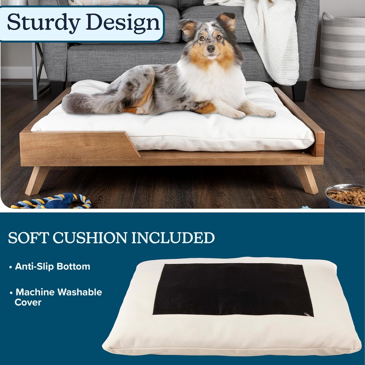 Elevated Dog Bed - 36” X 29.5” Indoor Pet Bed with Frame and Soft Cushion - Mid-Century Modern Wood Dog Bed for Medium to Large Pets by  (Natural)