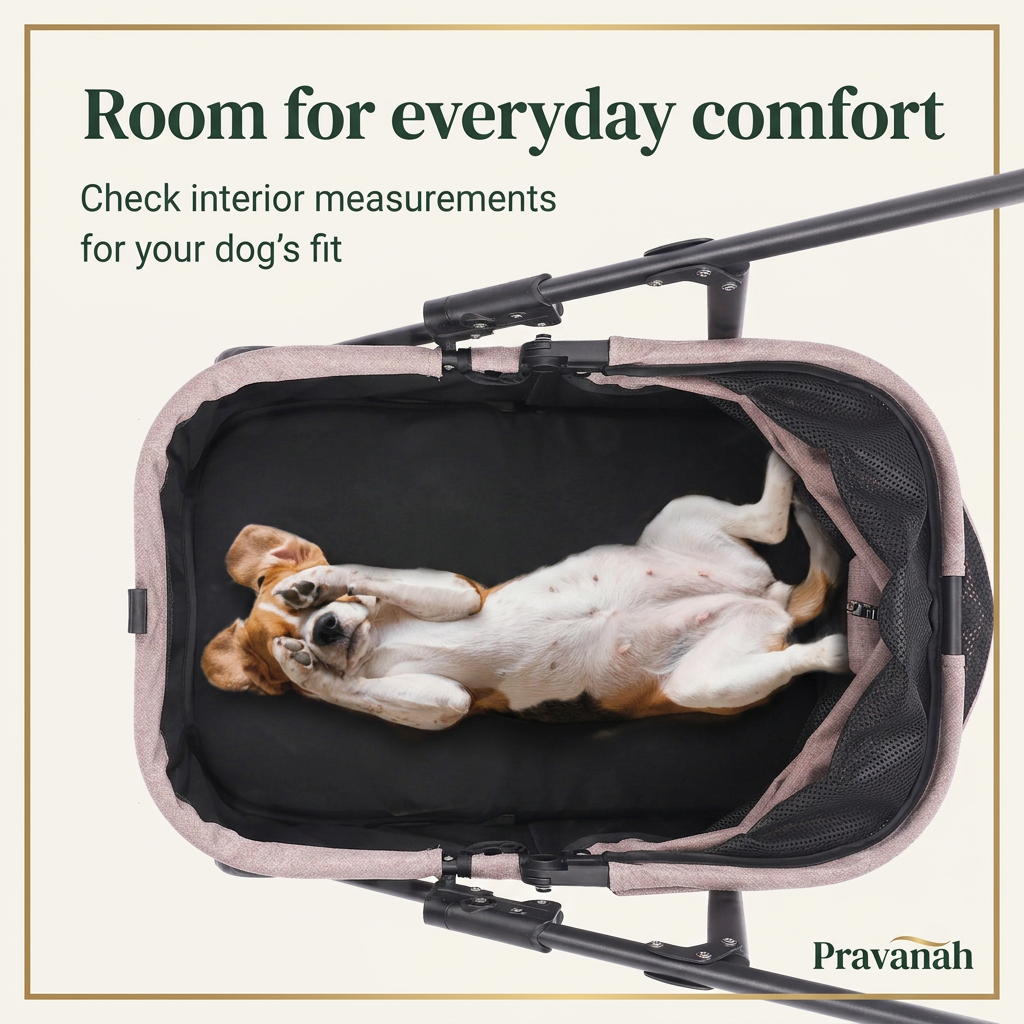 Pravanah dog stroller interior feature graphic with a resting dog and the heading Room for everyday comfort.