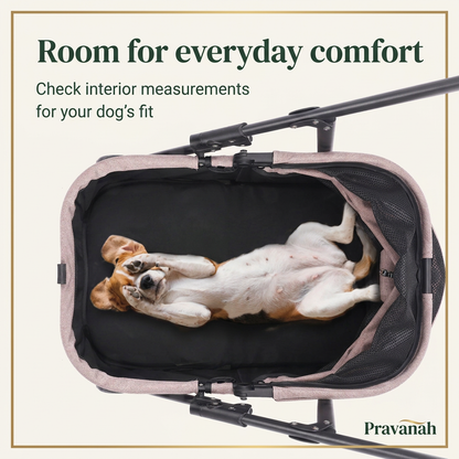 Pravanah dog stroller interior feature graphic with a resting dog and the heading Room for everyday comfort.