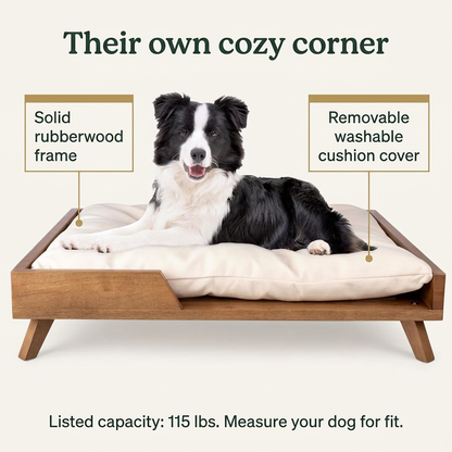 Elevated Wooden Dog Bed with Washable Cushion | 36 × 29.5 Inches