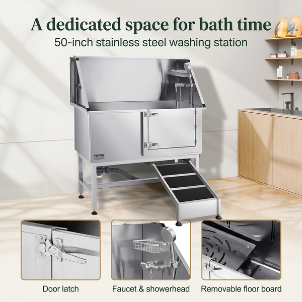 50-Inch Stainless Steel Dog Washing Station with Ramp | Right Door | 330-lb Capacity