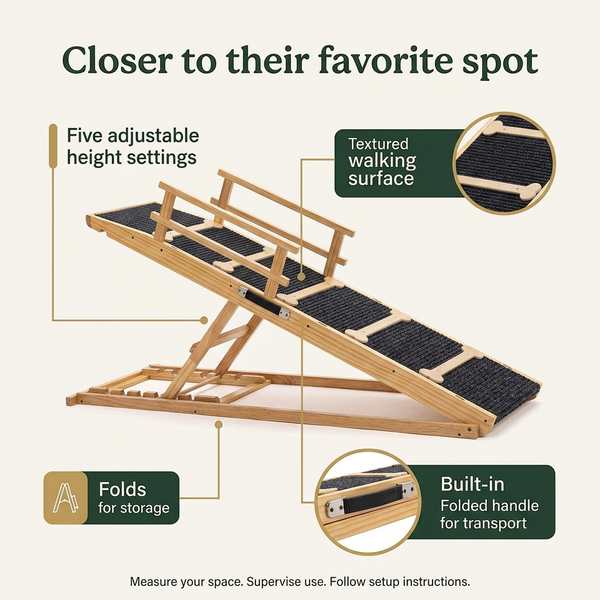 64.5-Inch Adjustable Wooden Dog Ramp for Beds & Couches | Up to 200 lbs